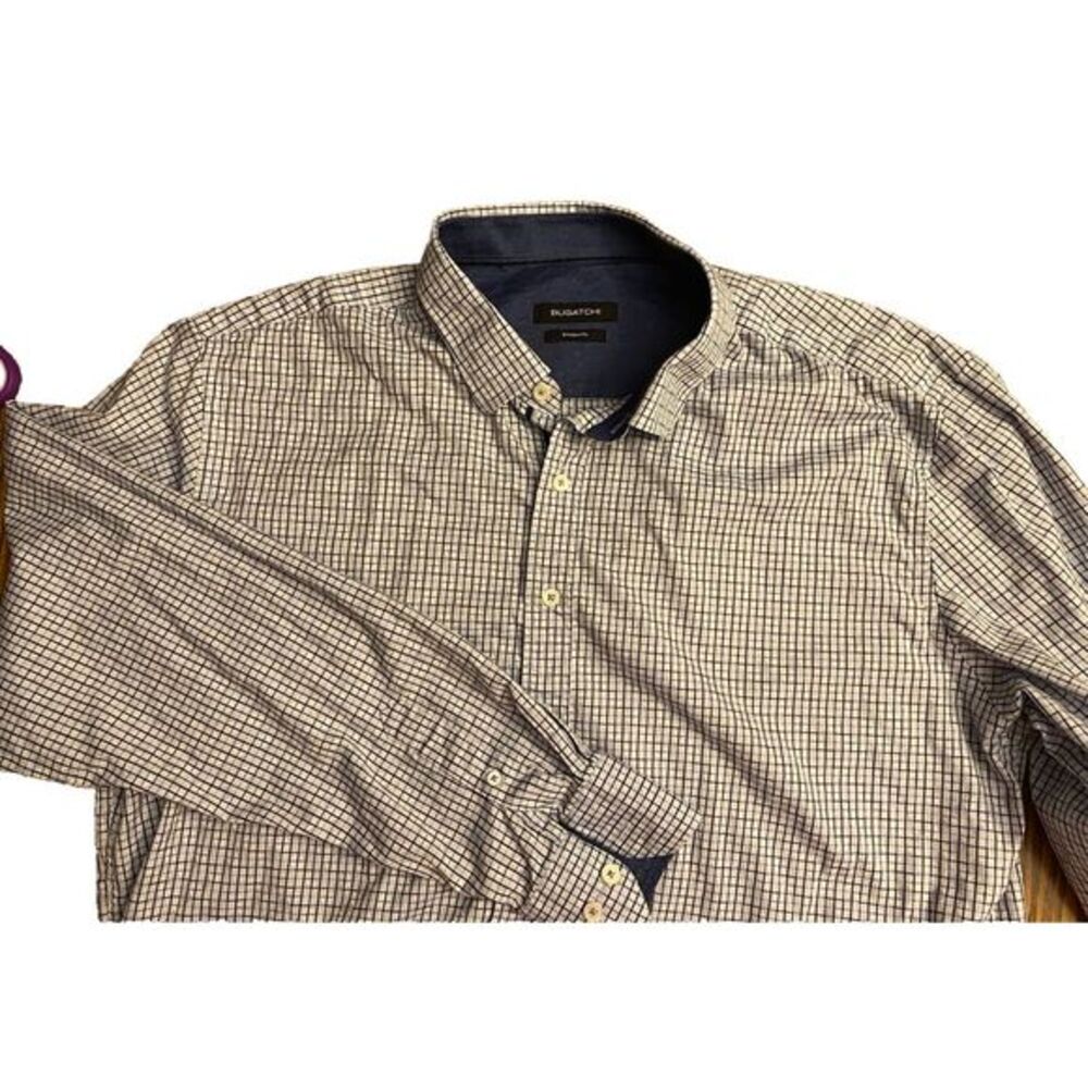 Bugatchi Shirt Mens Shaped Fit Plaid Contrast Cuff Long Sleeve Pit To Pit 25”